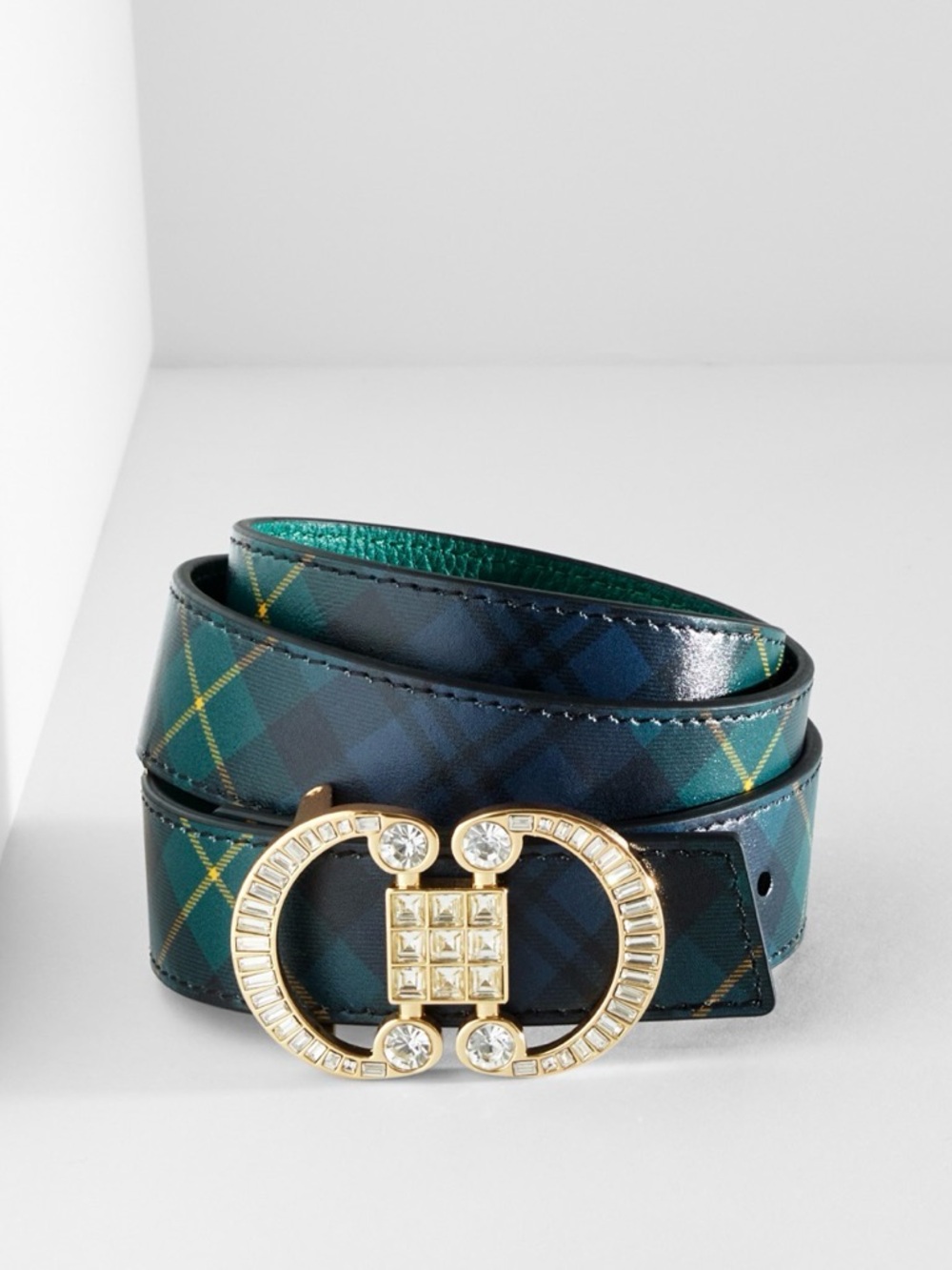 CRYSTAL EMBELLISHED REVERSIBLE PEBBLE LEATHER BELT